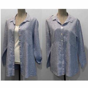 Habitat Linen Button Down Shirt Lagenlook Blue White Stripe Size Medium